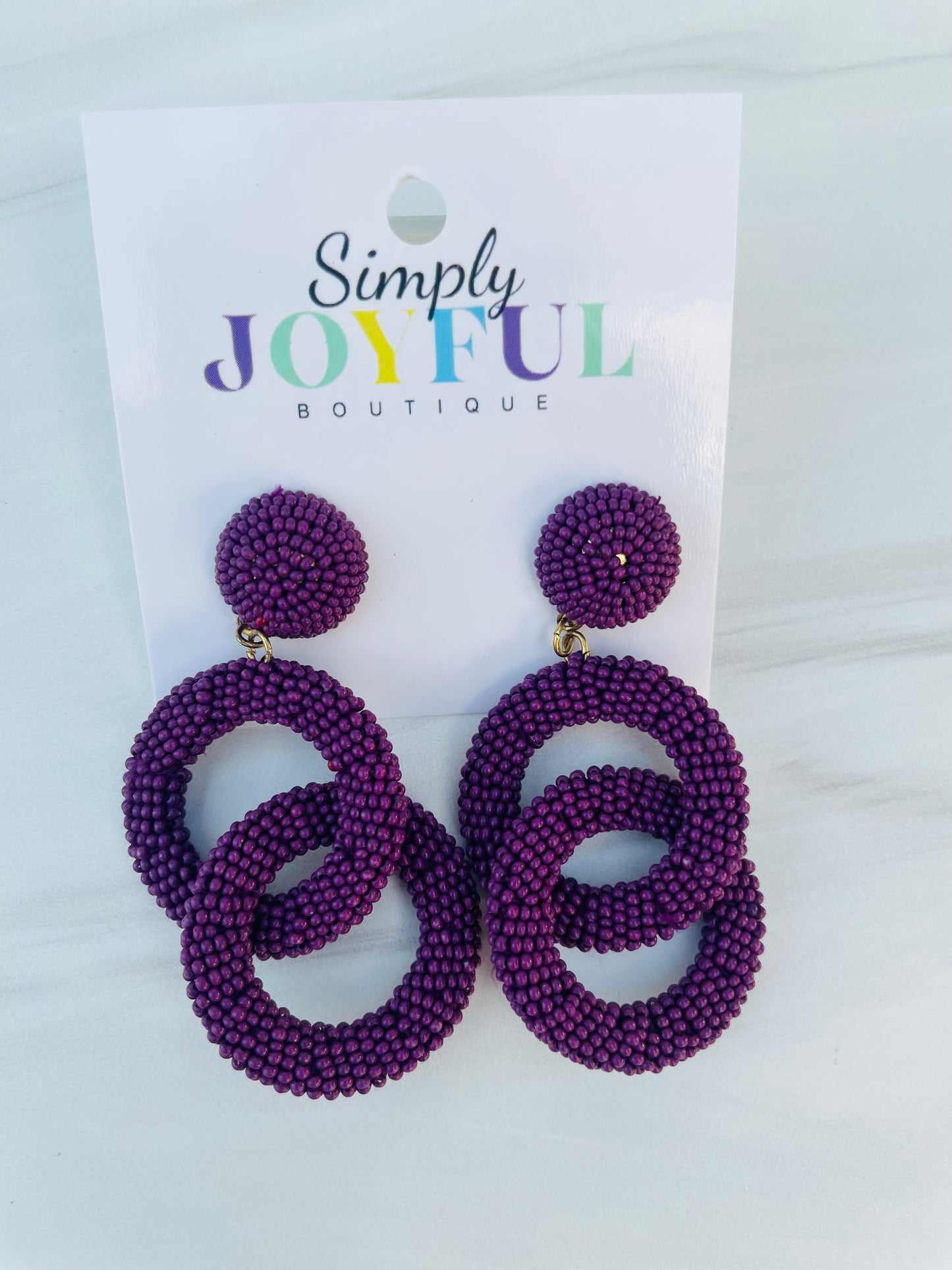 Seed Beaded Link Earrings- Purple