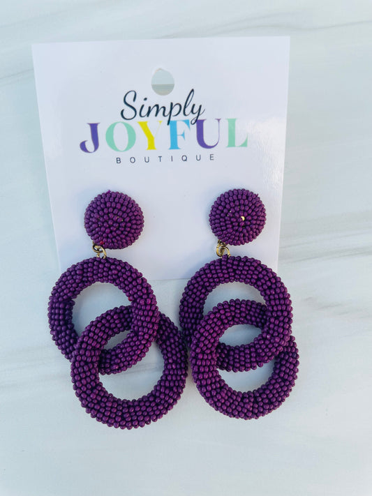 Seed Beaded Link Earrings- Purple