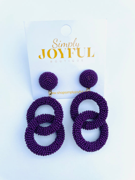Seed Beaded Link Earrings- Purple